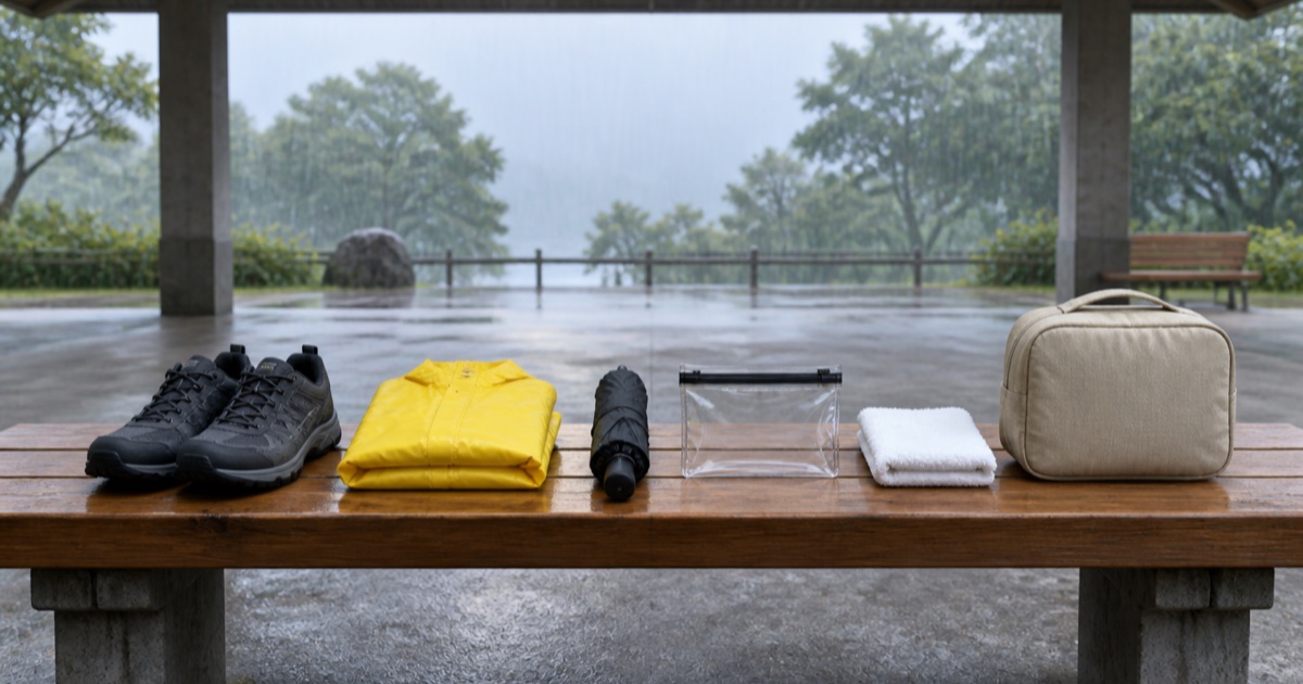 雨の日の防水シューズ、黄色いポンチョ、折りたたみ傘、防水ポーチ、タオル、バッグを並べた準備風景